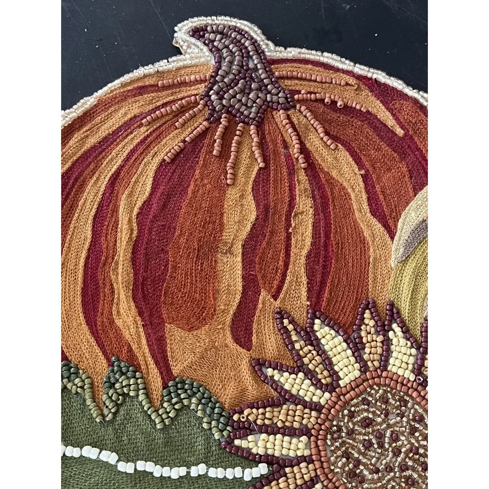 World Market Beaded Harvest Table Runner Fall Pumpkins Earthy Neutral Floral New